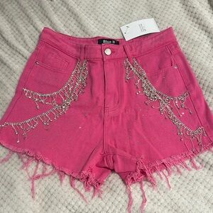 Vibrant Pink Jean Shorts with Silver Chain Detail